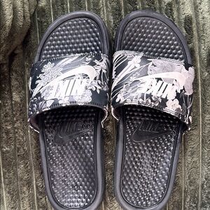 Nike Black Slides with White Floral Strap